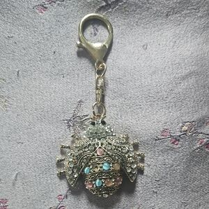Rhinestone Beetle Keychain Charm - Gold Tone with Pastel Gems